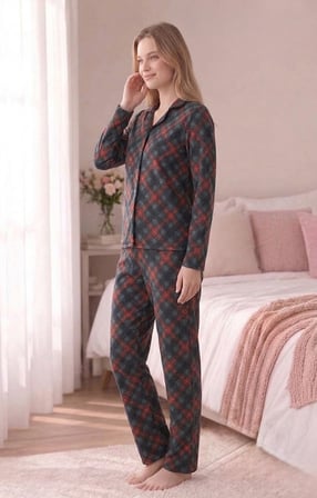 Angelique Termal Kumaş Uzun Kollu Yumuşak Dokulu Ekose Pijama Takım 40201-40204