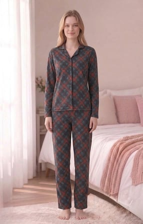 Angelique Termal Kumaş Uzun Kollu Yumuşak Dokulu Ekose Pijama Takım 40201-40204