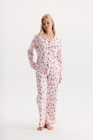 %100 Pamuk Kumaş Uzun Kol Önden Düğmeli Gömlek Yaka Pijama Takımı 27309