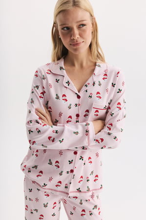 %100 Pamuk Kumaş Uzun Kol Önden Düğmeli Gömlek Yaka Pijama Takımı 27309