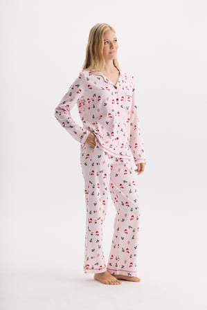 %100 Pamuk Kumaş Uzun Kol Önden Düğmeli Gömlek Yaka Pijama Takımı 27309