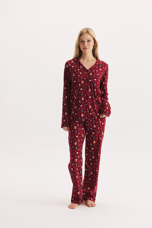 %100 Pamuk Kumaş Uzun Kol Önden Düğmeli Gömlek Yaka Pijama Takımı 27305-27306