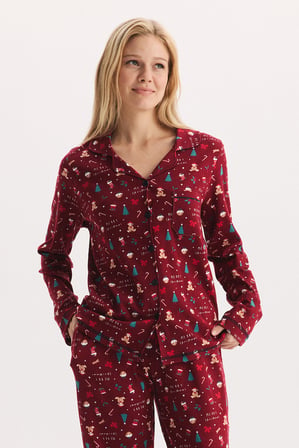 %100 Pamuk Kumaş Uzun Kol Önden Düğmeli Gömlek Yaka Pijama Takımı 27305-27306