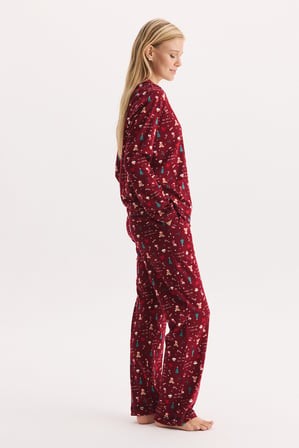 %100 Pamuk Kumaş Uzun Kol Önden Düğmeli Gömlek Yaka Pijama Takımı 27305-27306