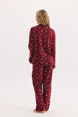%100 Pamuk Kumaş Uzun Kol Önden Düğmeli Gömlek Yaka Pijama Takımı 27305-27306