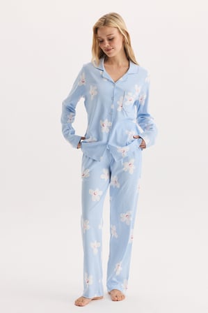 %100 Pamuk Kumaş Uzun Kol Önden Düğmeli Çiçek Desenli Gömlek Yaka Pijama Takımı 27302-27303