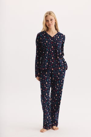 %100 Pamuk Kumaş Uzun Kol Önden Düğmeli Gömlek Yaka Pijama Takımı 27305-27306