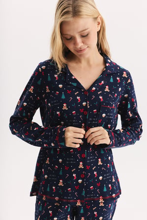 %100 Pamuk Kumaş Uzun Kol Önden Düğmeli Gömlek Yaka Pijama Takımı 27305-27306