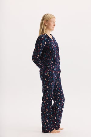 %100 Pamuk Kumaş Uzun Kol Önden Düğmeli Gömlek Yaka Pijama Takımı 27305-27306