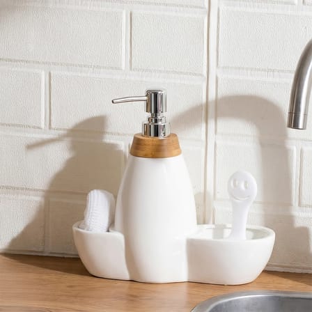 Porsima 5310825 Tezgah Üstü Beyaz Sıvı Sabunluk Fırçalı Süngerli Porselen Sabunluk 700ml 28cm