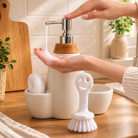 Porsima 5310825 Tezgah Üstü Beyaz Sıvı Sabunluk Fırçalı Süngerli Porselen Sabunluk 700ml 28cm