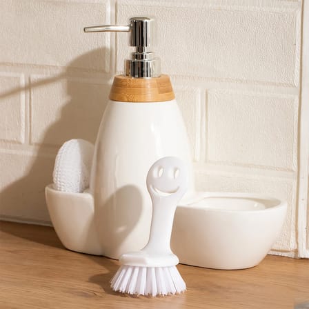 Porsima 5310825 Tezgah Üstü Beyaz Sıvı Sabunluk Fırçalı Süngerli Porselen Sabunluk 700ml 28cm