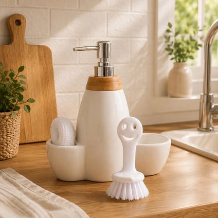 Porsima 5310825 Tezgah Üstü Beyaz Sıvı Sabunluk Fırçalı Süngerli Porselen Sabunluk 700ml 28cm