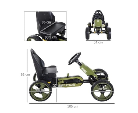 Çocuklar İçin Pedallı Go-Kart - Yeşil (3-6 Yaş, Ayarlanabilir Koltuk, El Freni, 105 x 54 x 61 cm)