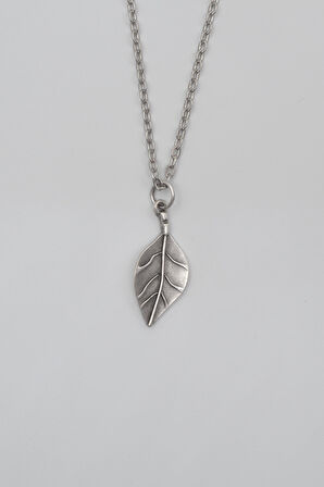 Gerçekçi Yaprak Düz Ezme Zincir Kolye - Antik Gümüş Kaplama - Kadın Erkek - 60 cm