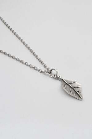 Gerçekçi Yaprak Düz Ezme Zincir Kolye - Antik Gümüş Kaplama - Kadın Erkek - 60 cm