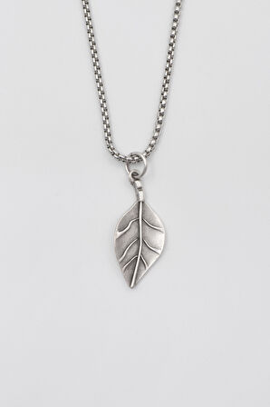 Gerçekçi Yaprak Örme Zincir Kolye - Antik Gümüş Kaplama - Kadın Erkek - 60 cm