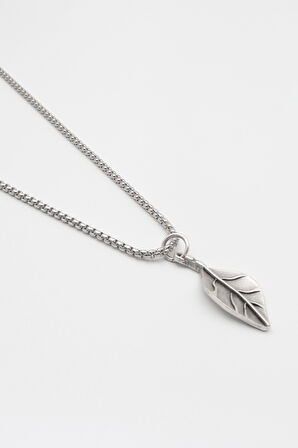 Gerçekçi Yaprak Örme Zincir Kolye - Antik Gümüş Kaplama - Kadın Erkek - 60 cm