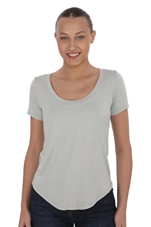 Viskon Dökümlü Dekolte Yaka Tişört-Gri