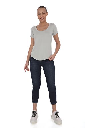 Viskon Dökümlü Dekolte Yaka Tişört-Gri