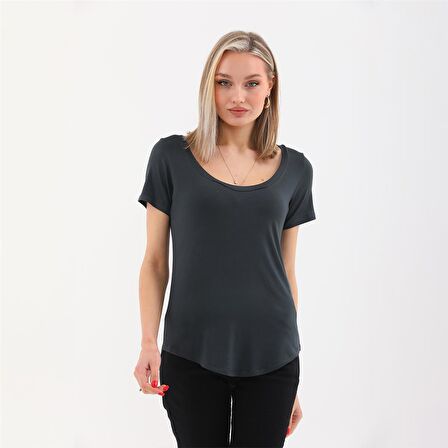 Viskon Dökümlü Dekolte Yaka Tişört-Füme