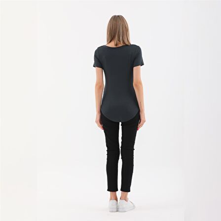 Viskon Dökümlü Dekolte Yaka Tişört-Füme