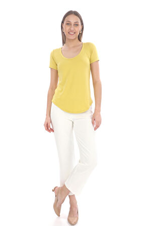 Viskon Dökümlü Dekolte Yaka Tişört-Gold