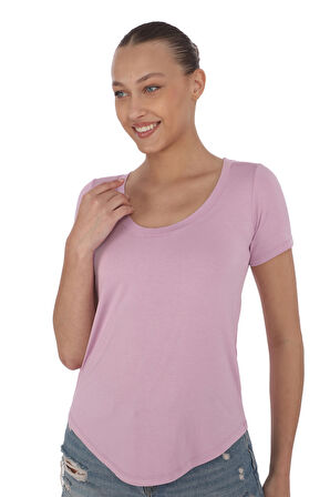 Viskon Dökümlü Dekolte Yaka Tişört-Lavanta Pembesi 