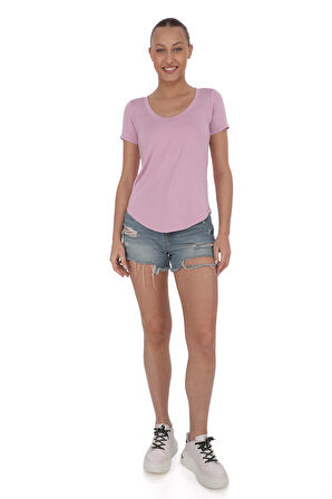 Viskon Dökümlü Dekolte Yaka Tişört-Lavanta Pembesi 