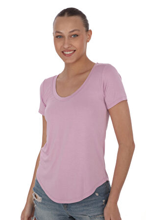 Viskon Dökümlü Dekolte Yaka Tişört-Lavanta Pembesi 