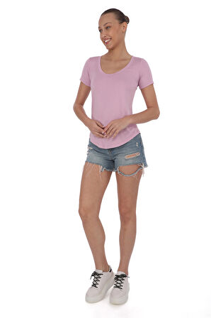 Viskon Dökümlü Dekolte Yaka Tişört-Lavanta Pembesi 