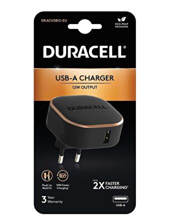 Duracell 12W Telefon / Tablet Şarj Başlığı 1xUSB 5v/2.4A - Siyah