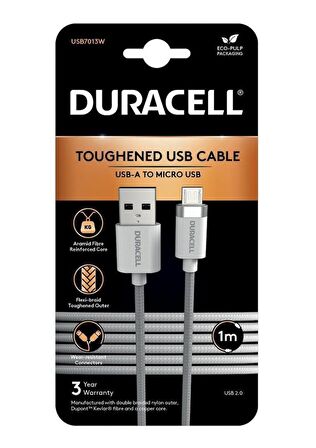 Duracell 1m USB-A to Micro USB Örgülü Şarj Kablosu - Beyaz