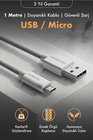 USB-A to Micro Hızlı Şarj Kablosu 1 metre Kevlar Örgülü Dayanıklı Data Kablosu-Beyaz