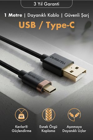 USB-C to USB-A Hızlı Şarj Kablosu 1 metre Kevlar Örgülü Dayanıklı Type-C 3.2 Gen1 -Siyah