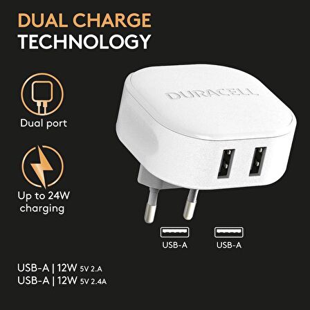 Duracell 24W Telefon / Tablet Şarj Başlığı 2xUSB 2x5v/2.4A - Beyaz