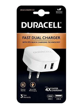 Duracell 30W 4X Hızlı Şarj Başlığı ( USB-A,USB-C ) - Beyaz