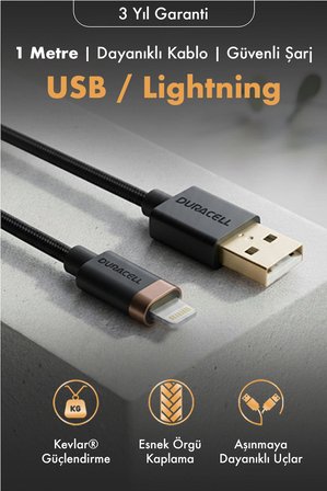 USB-A to Lightning Hızlı Şarj Kablosu 1 metre Kevlar Örgülü Dayanıklı Data Kablosu-Siyah