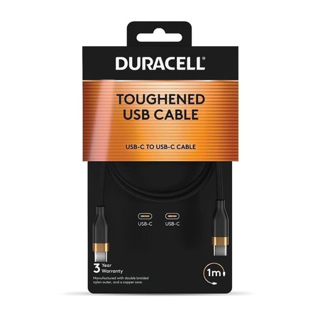 Duracell 1M USB-C to USB-C 60W Örgülü Data Kablosu - Siyah