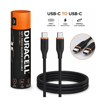 Duracell 2M USB-C to USB-C 100W Yumuşak Dokulu Silikon Data Kablosu - Siyah