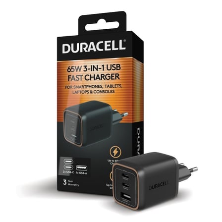 Duracell 65W Pd 2 Usb-C + 1 Usb-A I 3 Port Hızlı Şarj Adaptörü Siyah