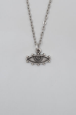 Bohem Koruyucu Göz Düz Ezme Zincir Kolye - Antik Gümüş Kaplama - Kadın Erkek - 60 cm
