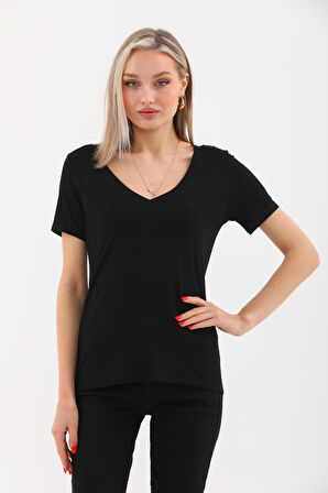 Viskon Dökümlü V Yaka Tişört-Siyah