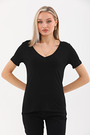 Viskon Dökümlü V Yaka Tişört-Siyah