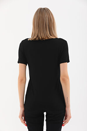 Viskon Dökümlü V Yaka Tişört-Siyah