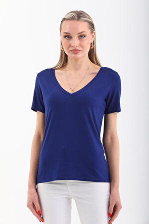 Viskon Dökümlü V Yaka Tişört-Lacivert