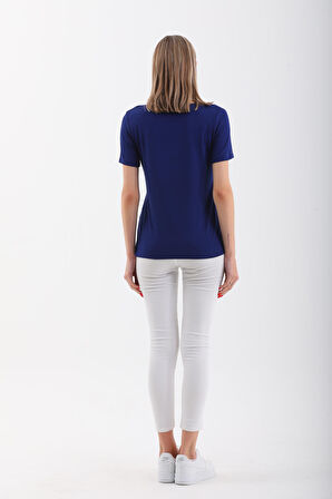 Viskon Dökümlü V Yaka Tişört-Lacivert