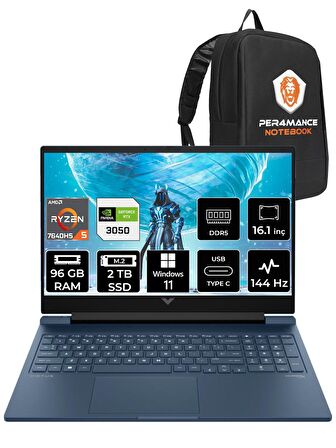 HP VİCTUS 16 R5 7640HS 96GB 2TB SSD RTX3050/6GB 144HZ 16.1'' FHD W11PRO 7Z4N2EA & PER4 ÇANTA