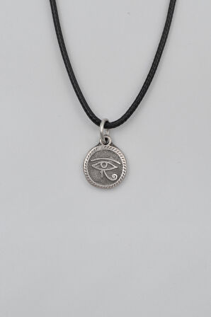 Horus'un Gözü Siyah Deri İp Kolye - Antik Gümüş Kaplama - Kadın Erkek - 60 cm