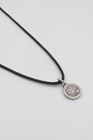 Horus'un Gözü Siyah Deri İp Kolye - Antik Gümüş Kaplama - Kadın Erkek - 60 cm